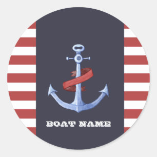 Sticker Rond Ancre nautique,bleu marine,rayures rouges
