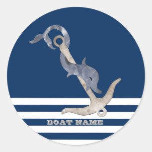 Sticker Rond Ancre nautique Dolphin Marine Bleu rayé