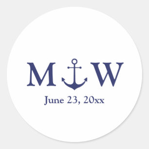 Sticker Rond ancre nautique mariage marine bleu blanc monogramm