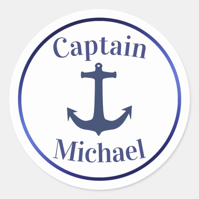 Sticker Rond Ancre nautique Marine Blue Metallic Nom du capitai (Devant)