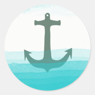 Sticker Rond Ancre nautique Plage Bleu Turquoise Été Aquarelle