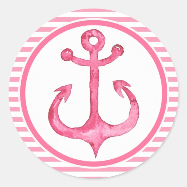 Sticker Rond Ancre nautique - rose chaud rayé (Devant)