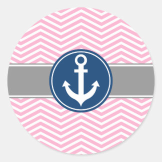 Sticker Rond Ancre nautique rose Chevron