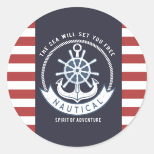 Sticker Rond Ancre nautique,Roue, Bleu marine,Rayes rouges
