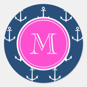 Sticker Rond Ancres Bleu Marine Motif, Monogramme Rose Chaud