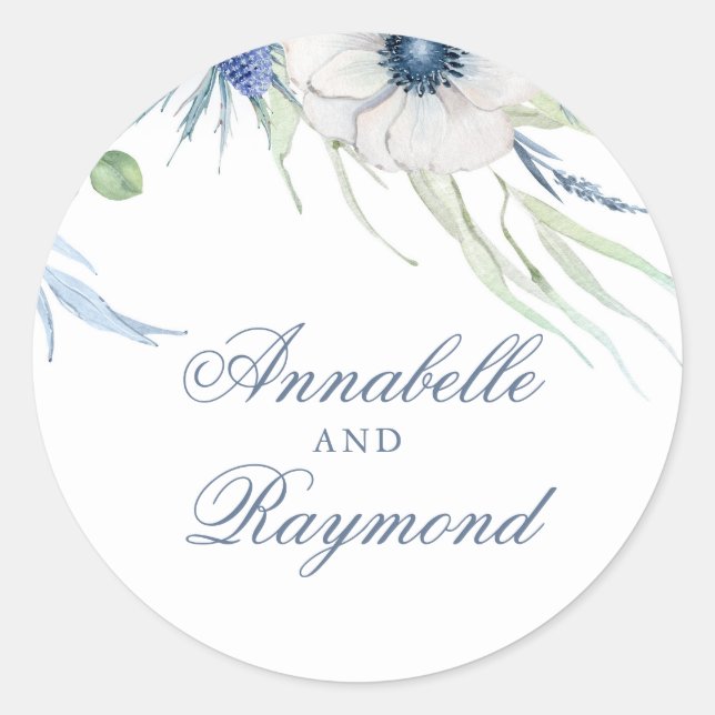 Sticker Rond Anemone Chardon naturel Dusty bleu aquarelle (Devant)