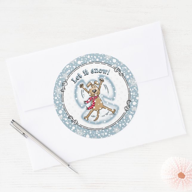 Sticker Rond Ange de neige Chien Amusant mignon Noël Vacances a (Enveloppe)