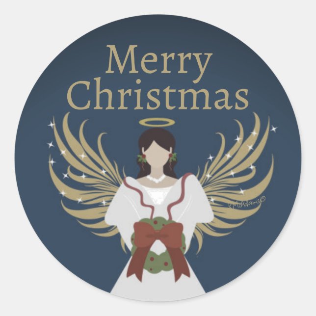 Sticker Rond Ange de Noël Joyeux Neutre Élégant Wreath Ailes (Devant)