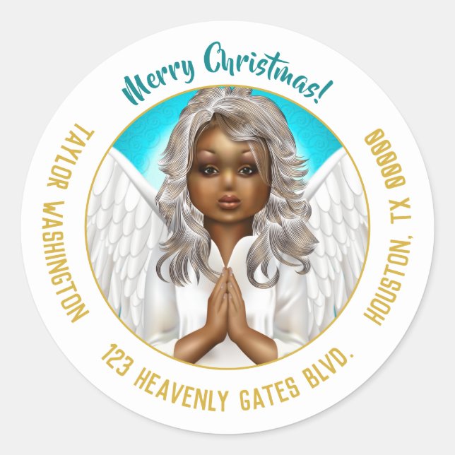 Sticker Rond Ange de prière afro-américain (Devant)