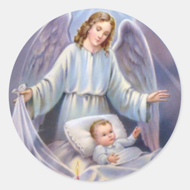 Sticker Rond Ange gardien avec bébé dans un lit d'enfant (Devant)