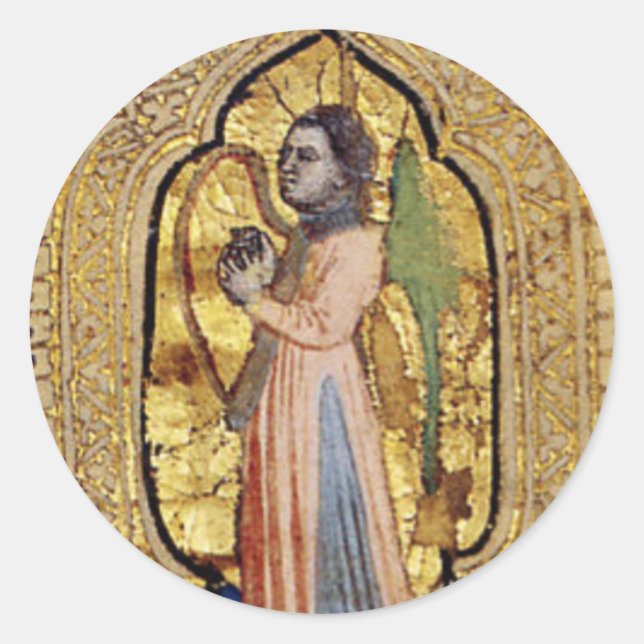 Sticker Rond Ange Médiéval Avec Harpe Gold Renaissance Italienn (Devant)