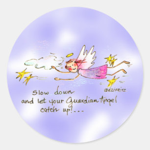 Sticker Rond Ange volant en violet, étoiles d'or dit ralentir 