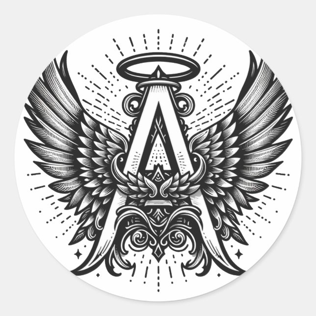 Sticker Rond Angel Alphabet A Initiale Dernière Ailes Halo (Devant)