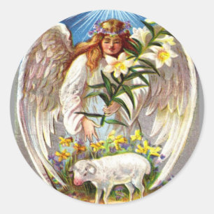 Sticker Rond Angel et agneau de Pâques vintages