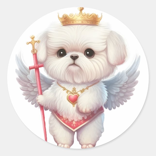 Sticker Rond Angel Maltese Chiot, Maltes amoureux de les chiens (Devant)