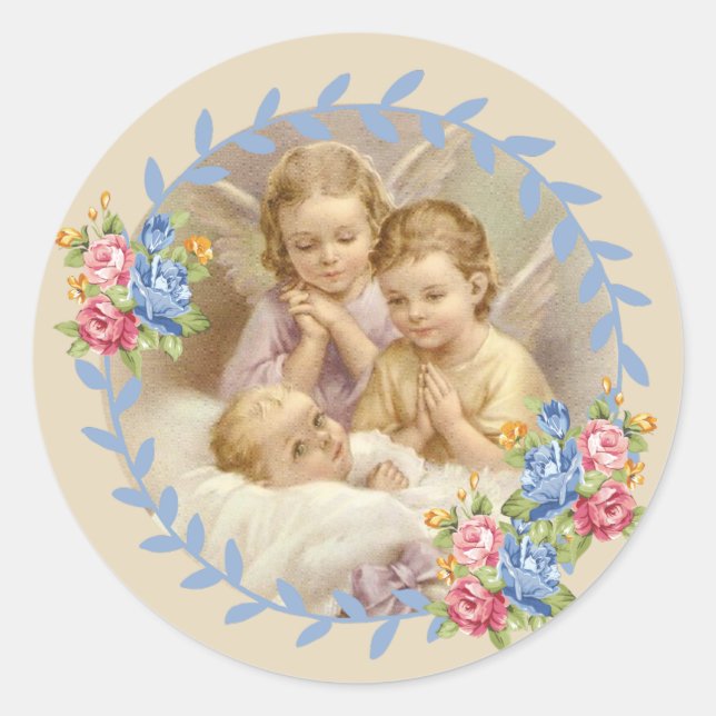 Sticker Rond Anges gardiens avec couronne Rose de bébé (Devant)