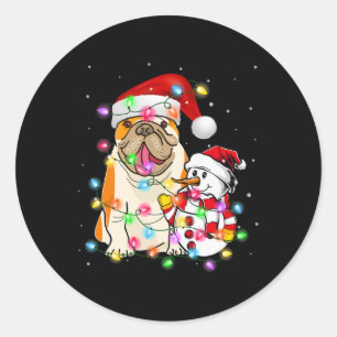 Sticker Rond Anglais Chien Chien Snowman Santa Hat Lumières