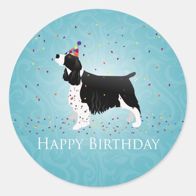 Sticker Rond Anglais Springer Spaniel Design Anniversaire. (Devant)
