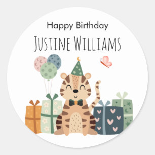 Sticker Rond Animal de fête, Tigre avec des cadeaux et un chape