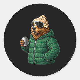 Sticker Rond Animal motifs brown bear après ski shirt skiingAni