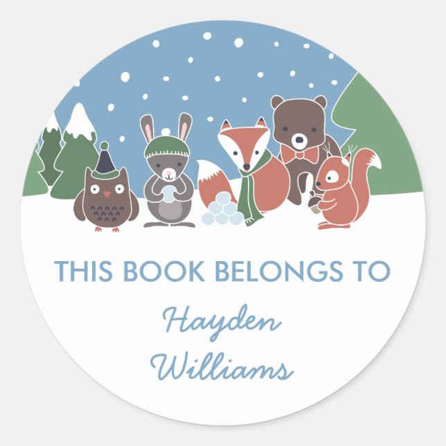Sticker Rond Animaux Boisés D'Hiver Ce Livre Appartient À (Devant)