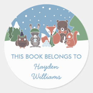 Sticker Rond Animaux Boisés D'Hiver Ce Livre Appartient À