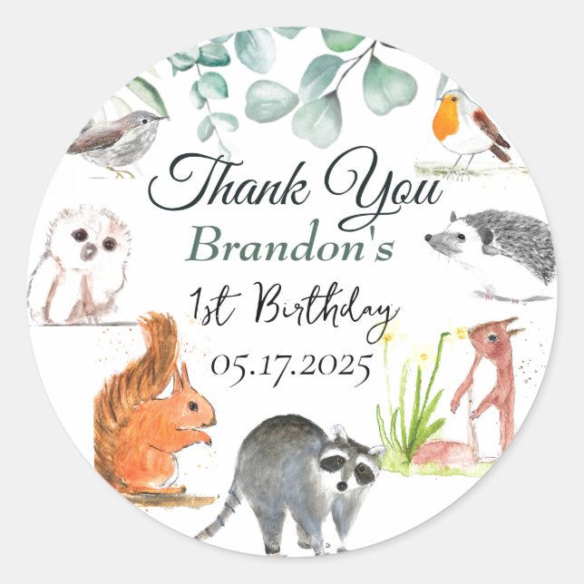 Sticker Rond Animaux boisés mignons 1er Anniversaire sauvage un (Devant)