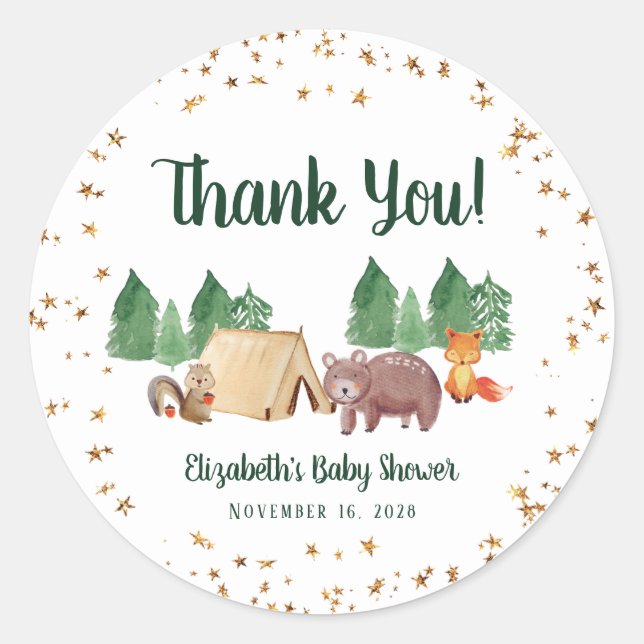 Sticker Rond Animaux boisés rustiques Baby shower Merci (Devant)