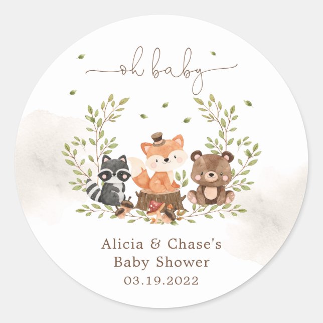 Sticker Rond Animaux de bois bébé garçon douche Invitation (Devant)