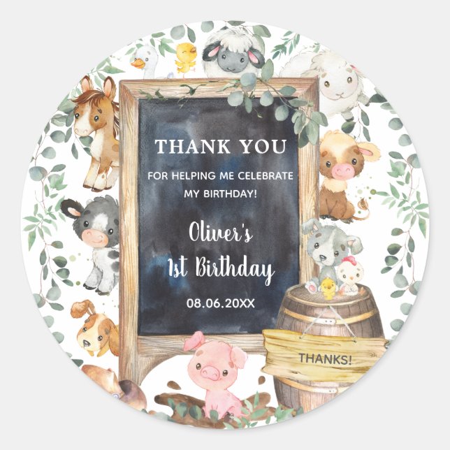 Sticker Rond Animaux de ferme Barnyard 1er Baby shower d'annive (Devant)