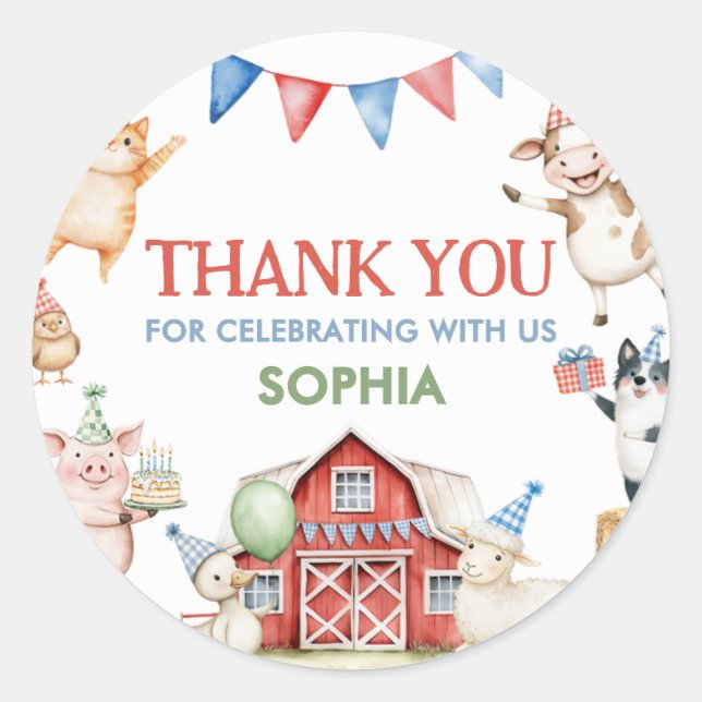 Sticker Rond Animaux de ferme Barnyard fête d'anniversaire (Devant)