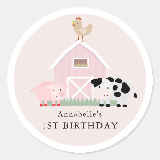Sticker Rond Animaux de ferme Barnyard Rose Girl Anniversaire (Devant)