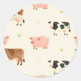 Sticker Rond Animaux de Ferme Motif Aquarelle Mignon