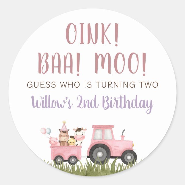 Sticker Rond Animaux de ferme roses Anniversaire Classic Round  (Devant)