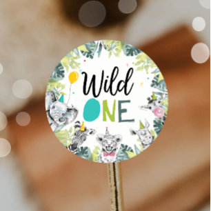 Sticker Rond Animaux de fête Safari Garçon sauvage Un premier a
