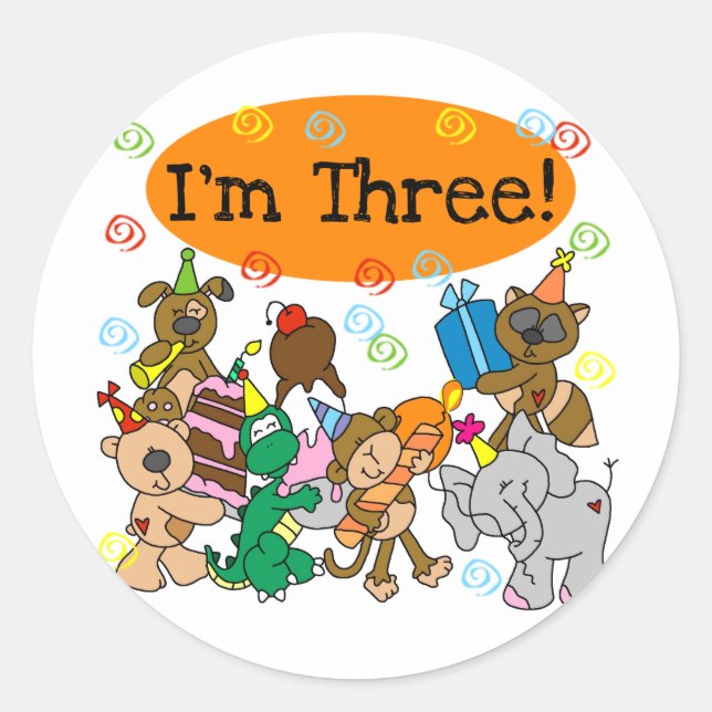 Sticker Rond Animaux de fête T-shirts 3e anniversaire (Devant)
