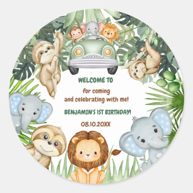 Sticker Rond Animaux de la Jungle tropicale sauvage Anniversair (Devant)