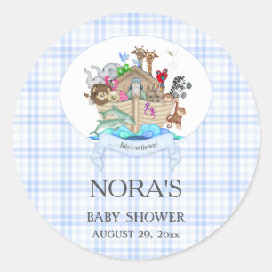 Sticker Rond Animaux de l'Arche de Noé Gingham Bleu