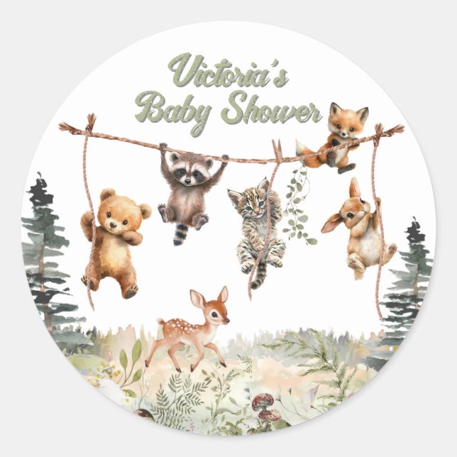 Sticker Rond Animaux des bois Clothesline Baby shower forestier (Devant)