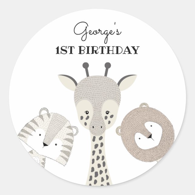 Sticker Rond Animaux Jungle Moderne Safari Anniversaire Fête Fa (Devant)