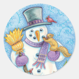 Sticker Rond Animaux mignons construisant un bonhomme de neige