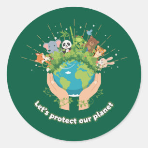 Sticker Rond Animaux Mignons Protégeons Notre Planète Jour de l