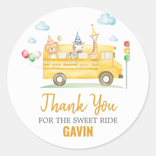 Sticker Rond Animaux scolaires Bus fête d'anniversaire (Devant)