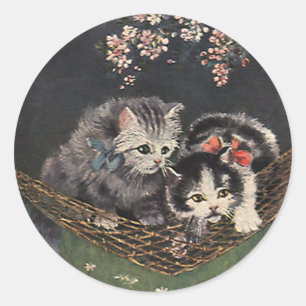 Sticker Rond Animaux Vintage, Chat Tigre ou Chatons dans un Ham