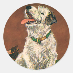 Sticker Rond Animaux Vintage, Chiot Terrier Mignon qui mâche de