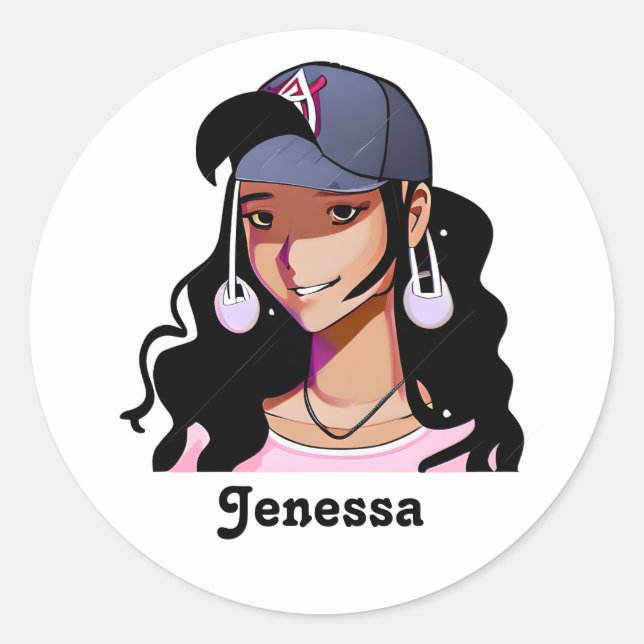 Sticker Rond Anime à peau foncée fille personnalisée (Devant)