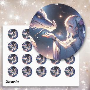 Sticker Rond Anime Girl et son Dragon Mystique  