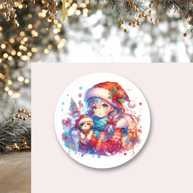 Sticker Rond Anime Girl in Santa Hat Aquarelle Noël (Créateur téléchargé)