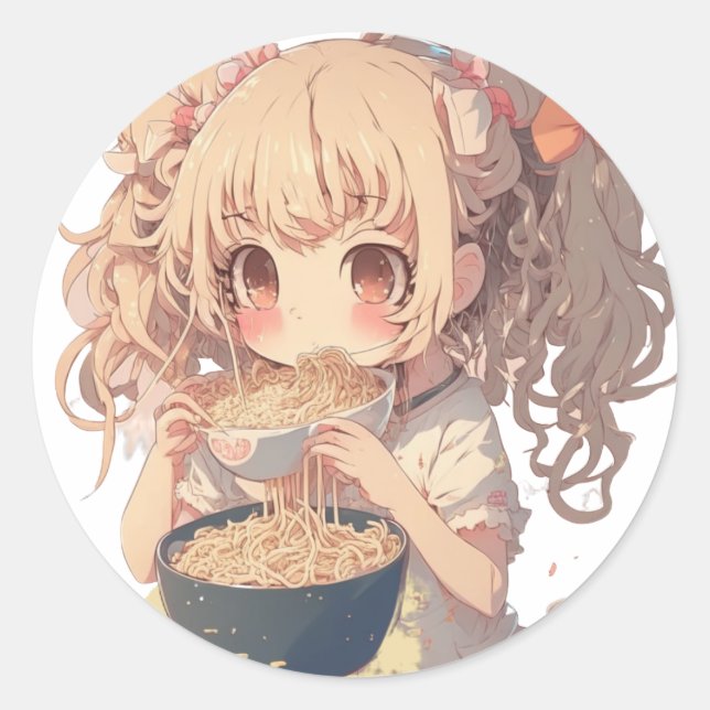 Sticker Rond Anime Girl Mange Ramen nouilles (Devant)