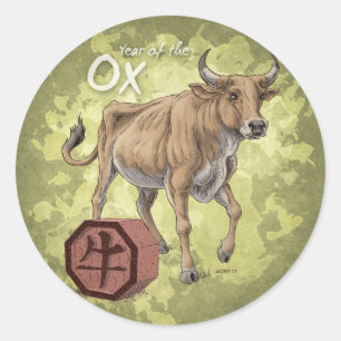 Sticker Rond Année de l'art chinois de zodiaque de boeuf